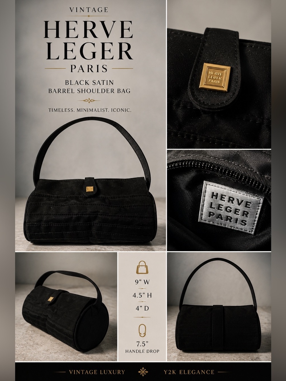 • Rare Vintage Herve Leger Paris Black Structured Shoulder Handbag Evening Bag